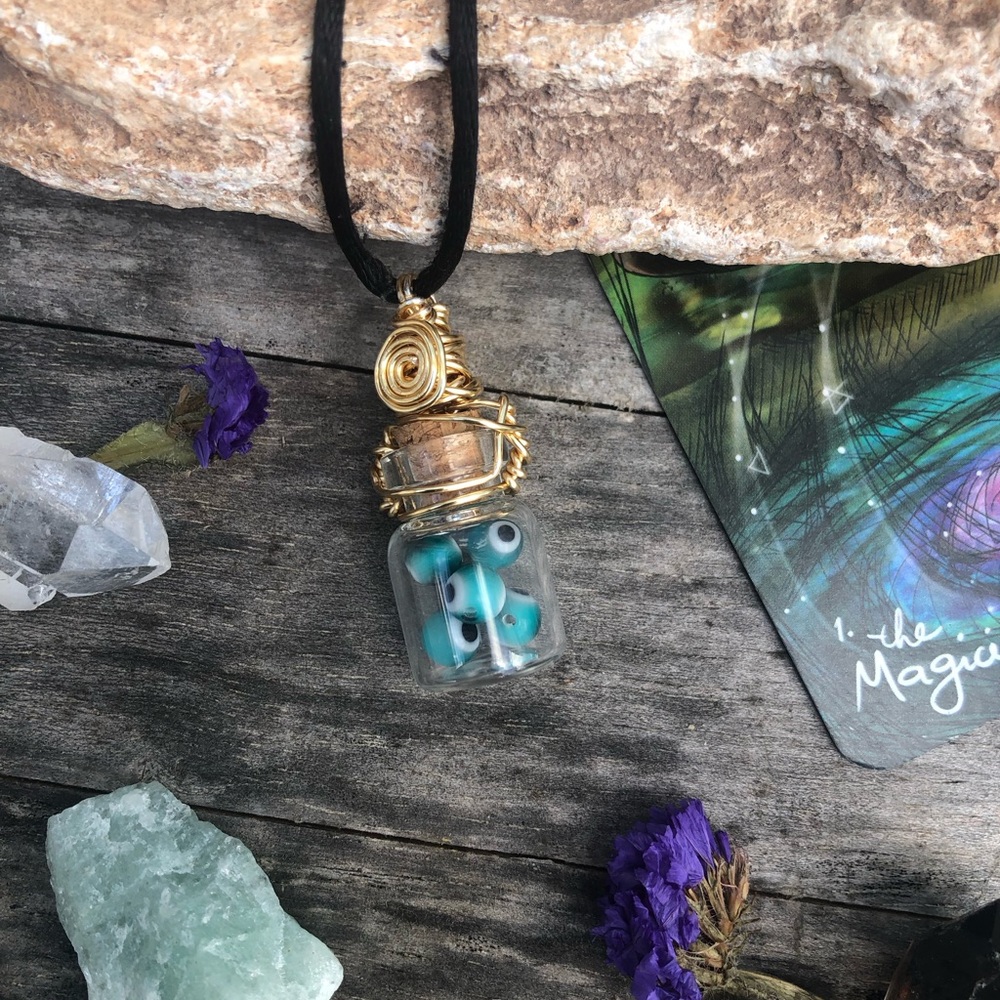 Evil Eye Protection Bottle Necklace Wire Wrapped - Gold Wire